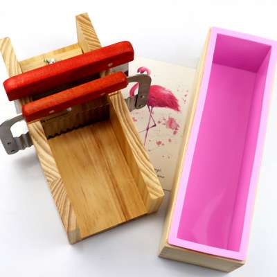 Soap Making Cutting Molds Kit with Silicone Mold + Wood Box + Wooden Cutter Mold + Straight Wavy Stainless Steel Cutters Slicer